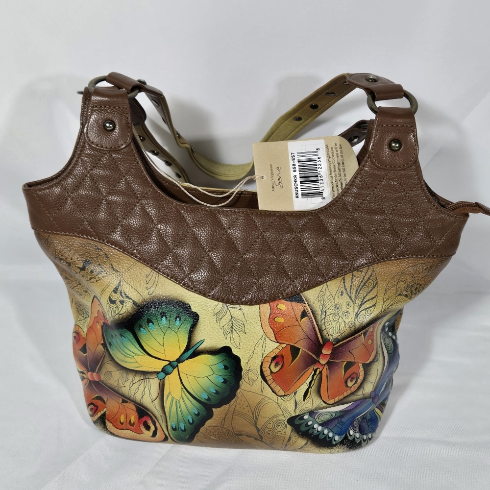 Anuschka Butterfly Floral Leather Handpainted Shoulder Handbag Coin Purse, Cover - Picture 5 of 15